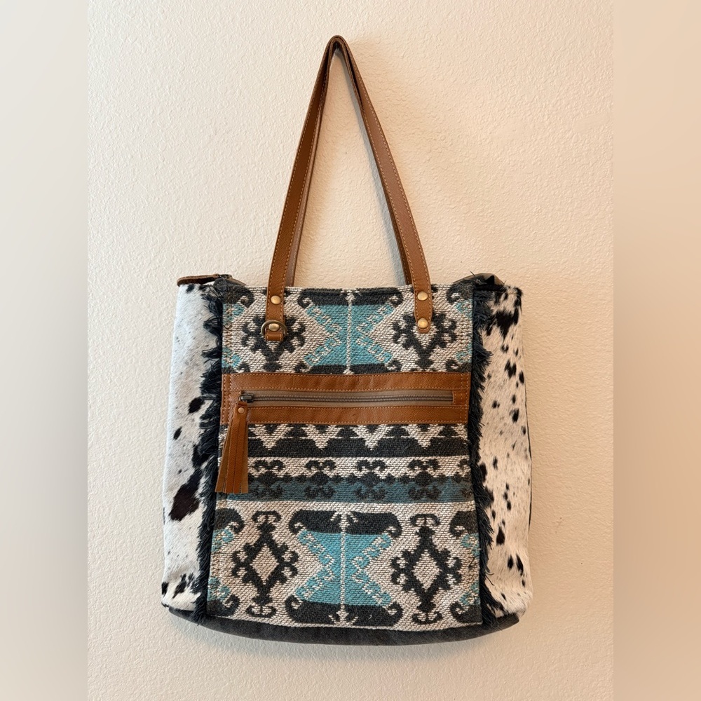 Myra Bag Turquoise Black White Brown Southwestern Tote with Front Zip Pocket